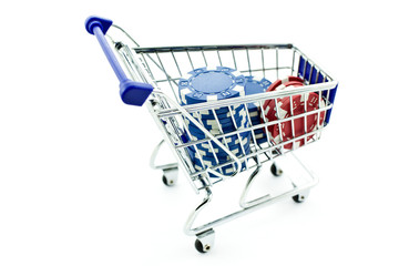 color poker chips in shopping trolley