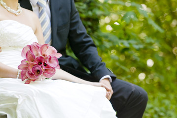 Closeup of bride and groom sitting in a park