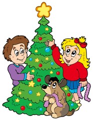 Two kids decorating Christmas tree