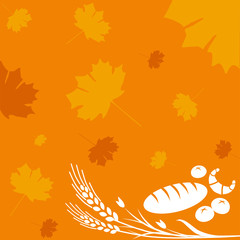 Autumn background with bread, rolls and wheat sign
