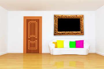 room with door and white couch with cushions and frame