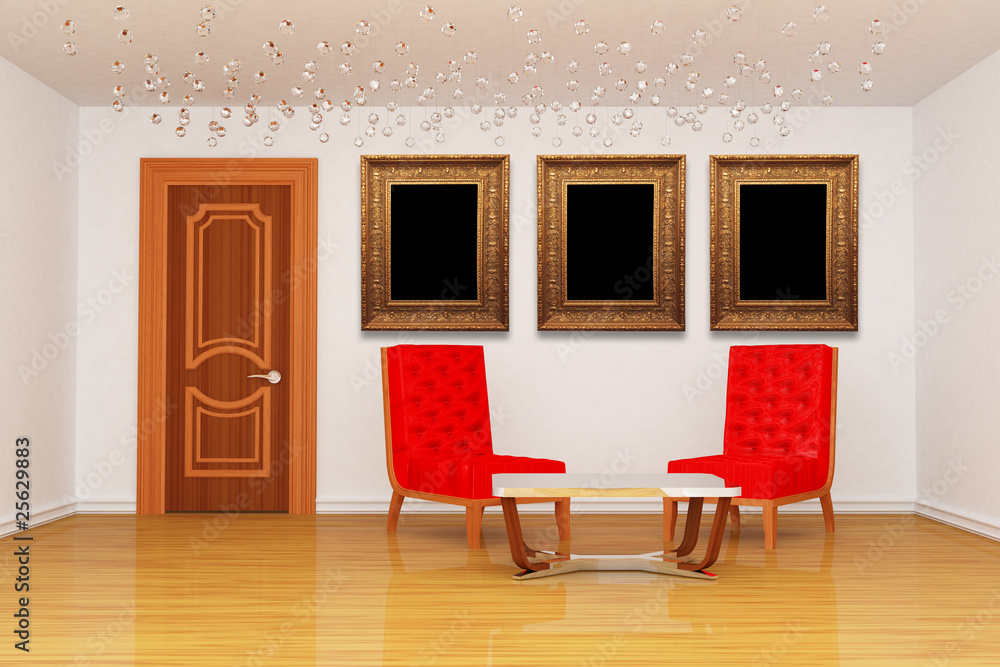 Poster empty room with red chairs with table and picture frames