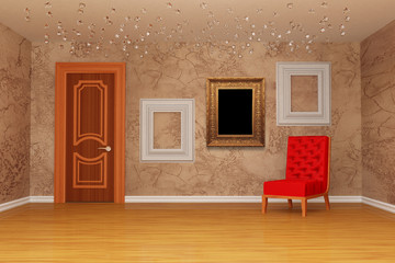 Empty room with door, red chair and three picture frames
