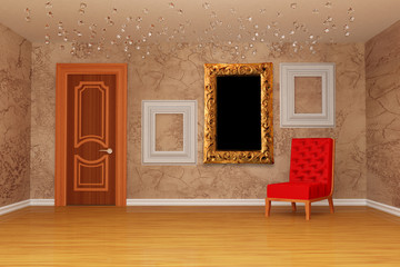 Fototapeta premium Empty room with door, red chair and three picture frames