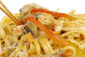 Fettuccine with chicken, mushrooms and pepper (Selective Focus)
