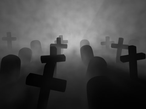 A render of a graveyard in a foggy night