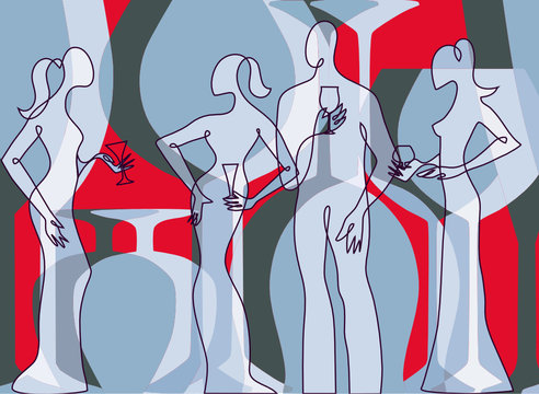 Restaurant silhouette on wine glasses background