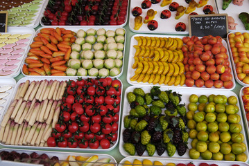 Sweets made like fruit and vegetables on French market