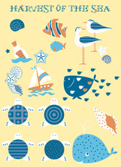 funny seagulls, whales and turtle icons