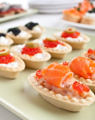 large group of canape with salmon and caviar