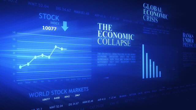 World business crisis headlines and charts on futuristic screen
