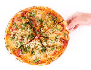 pizza and hand isolated on white