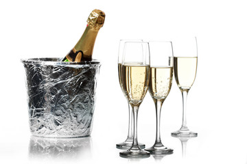 Champagne flutes and ice bucket