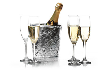 Champagne flutes and ice bucket
