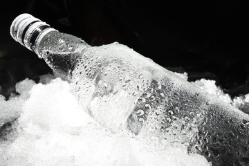 Close up view of the bottle in ice