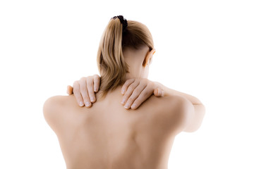 Fototapeta premium Woman massaging pain back isolated on white
