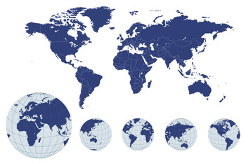 World map with earth globes - obrazy, fototapety, plakaty