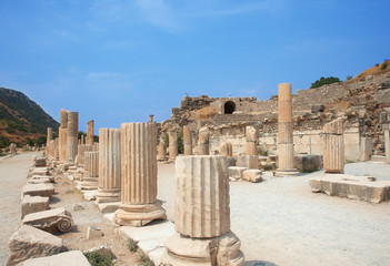 Ruins of columns in ancient city of Ephesus