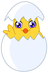 Cute chick waving from an egg