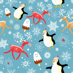 seamless pattern of funny penguins and deer