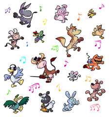 collection of crazy dancing farm animals - obrazy, fototapety, plakaty