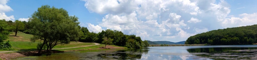 Fototapeta na wymiar Landscape with lake, forest, mountain and blue sky