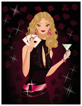 Poker girl with cards and martini, vector