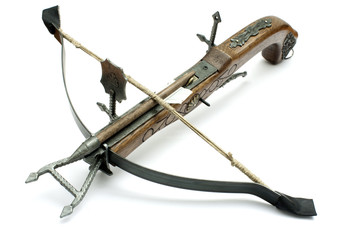 old wood crossbow isolated in white background - obrazy, fototapety, plakaty