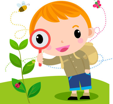 boy  with magnifying glass with lady bugs over