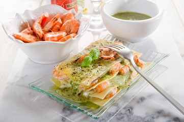 lasagne with shrimp & pesto-lasagne gamberi pesto