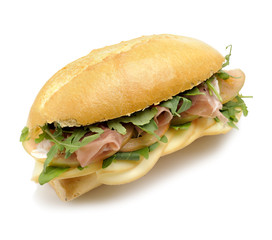 Footlong ham & swiss submarine sandwich isolated on white
