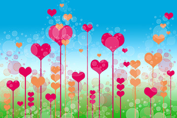 Background with hearts and bubbles on sky