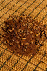 café moulu et grains sur paille