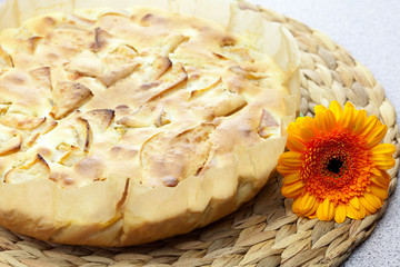 still life of apple pie and Gerbera