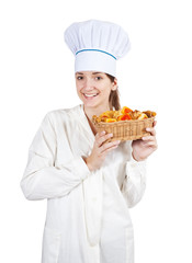 cook woman in toque with pastry