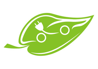 elektroauto symbol auf gr&uuml;nem blatt