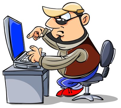 Cartoon man typing on keyboard, looking at computer screen.