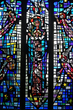 stained glass window of Mary and Jesus