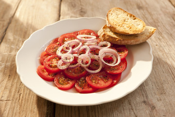Tomatensalat mit roten Zwiebeln und geröstetem Brot