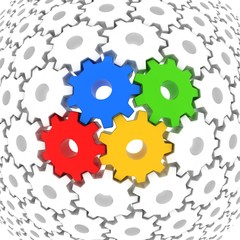 colorful gears surrounded with white gears