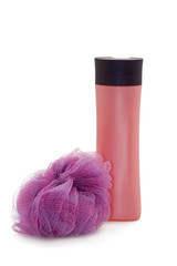 Pink cosmetic bottle and  bast whisp isolated on the white