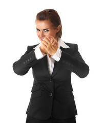 smiling modern business  woman showing partnership gesture