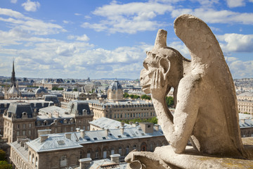 Fototapeta na wymiar Notre Dame: Stryge widokiem na panoramę Paryża