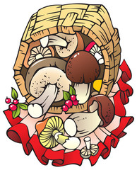 Fresh mushrooms in basket, on colored tablecloth, vector