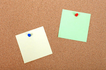 Color note paper attached to corkboard with pushpins. Empty spac
