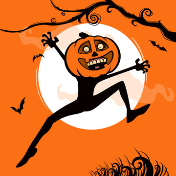 Pumpkin Man jumping up in Halloween night.