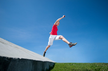 Beautiful woman jump into sky