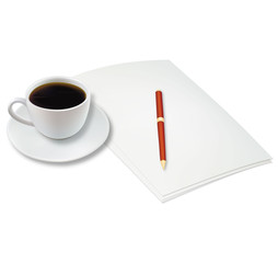 Cup of coffee and office notebook. Vector.
