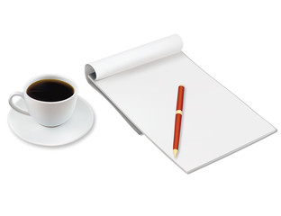 Cup of coffee and office notebook. Vector.