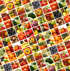 A collage of different tasty and healthy fruits and vegetables